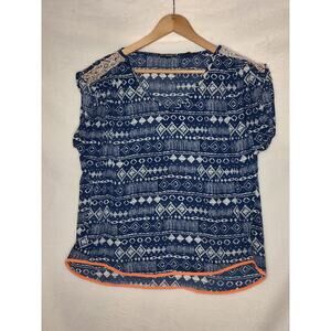 Miss Me Blue White Southwestern Print Beaded Shoulder Detail Blouse Size Small